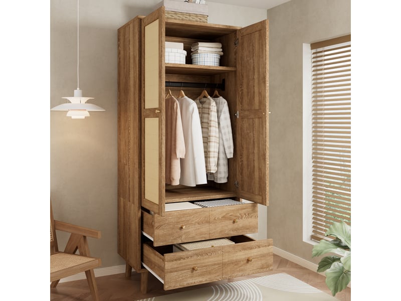  Armoire 2 portes 80 x 50 x 180 cm en mdf avec penderie, étagère, 2 tiroirs, façades effet rotin et pieds surélevés - effet noyer Fay Lum - Conforama B
