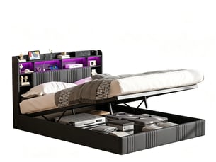 Lit 2 places 160x200 cm – lit coffre – tête de lit avec espace de rangement – ports usbtype-c – éclairage led rgb – sommier à lattes – lin gris