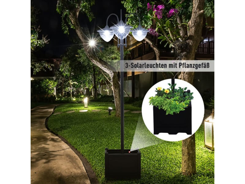  Lot de 3 lanternes solaires sur pied, métal noir, 60x55x189 cm, ip44, base pot de fleurs  - Conforama E