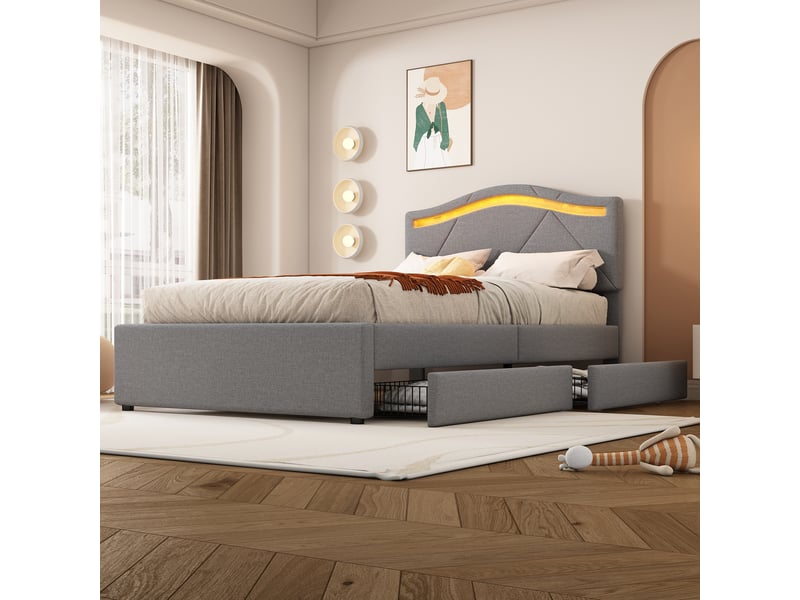  Lit capitonné 90x200cm, gris, sans matelas, led, deux tiroirs, tête réglable, lin et mdf, style minimaliste  - Conforama C