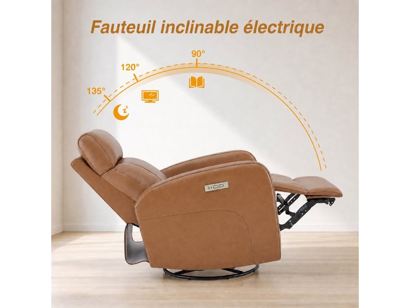 Fauteuil relax électrique pivotant 270° – cuir véritable pleine fleur premium – usbusb-c - Conforama E