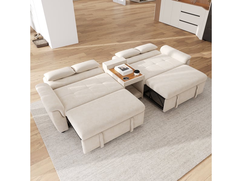 Canapé panoramique beige en chenille, 284 × 138 × 89 cm, avec couchage, pour salon et charge max. 150 kg - Conforama E