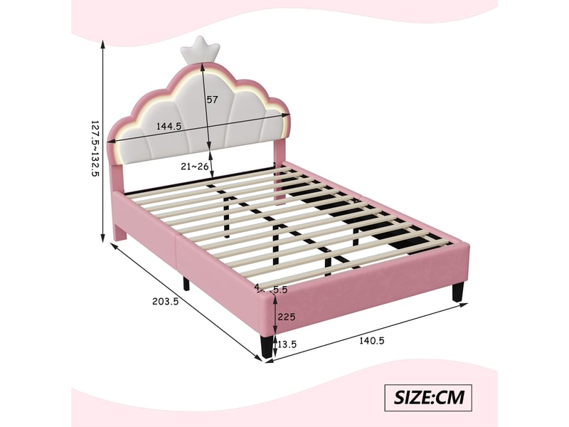  Lit enfant simple 140x200 cm avec éclairage led, tête de lit réglable et sommier, lit capitonné en velours, style princesse, rose et blanc  - Conforama E