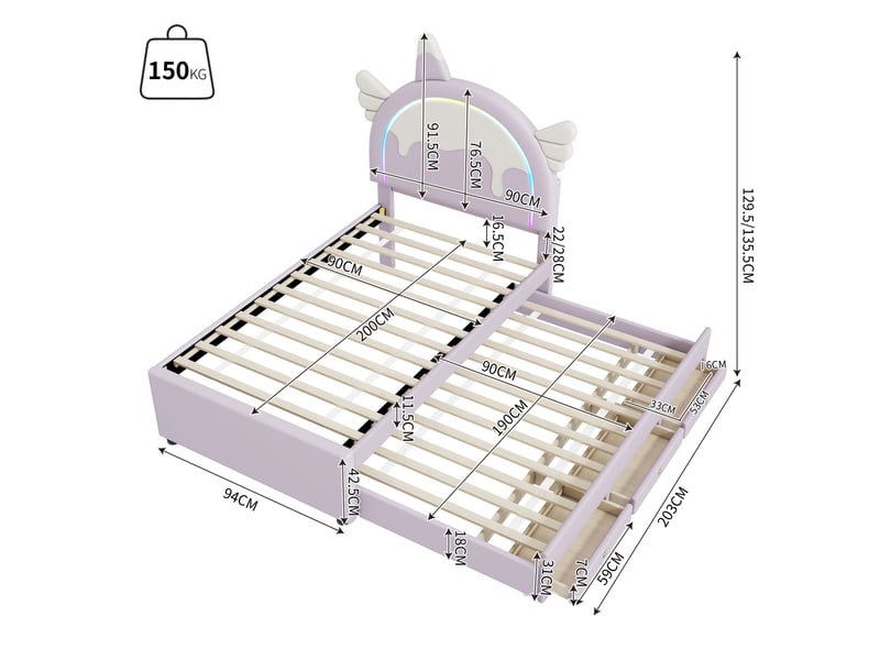  Lit enfant 90 x 200 cm, motif licorne, avec lit d'appoint extensible, en polyuréthane, violet  - Conforama C
