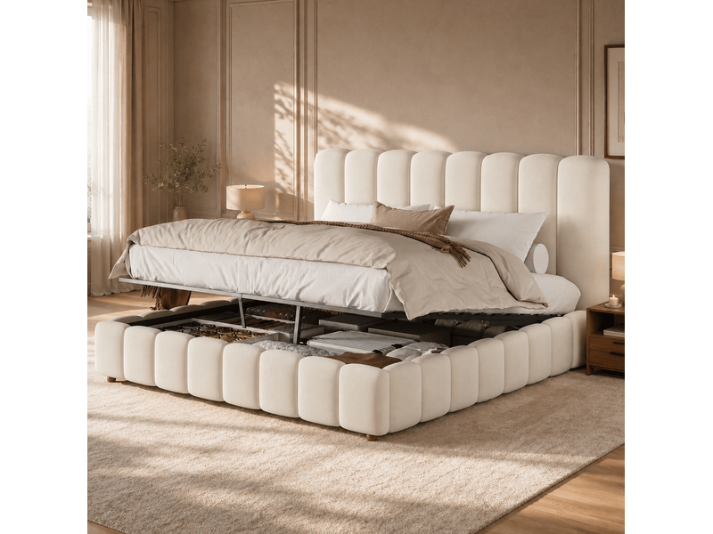 Lit double 160 × 200 cm avec coffre hydraulique, sommier à lattes et tête de lit en velours beige pour chambre - Conforama B