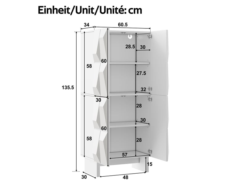 Buffet haut 4 portes avec étagères réglables 60,5x34x135,5 cm, blanc  - Conforama E