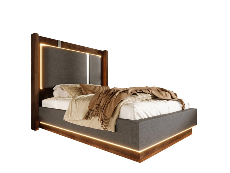  Lit simple 90x200 cm avec coffre et led en bois et lin, gris et noyer  - Conforama A