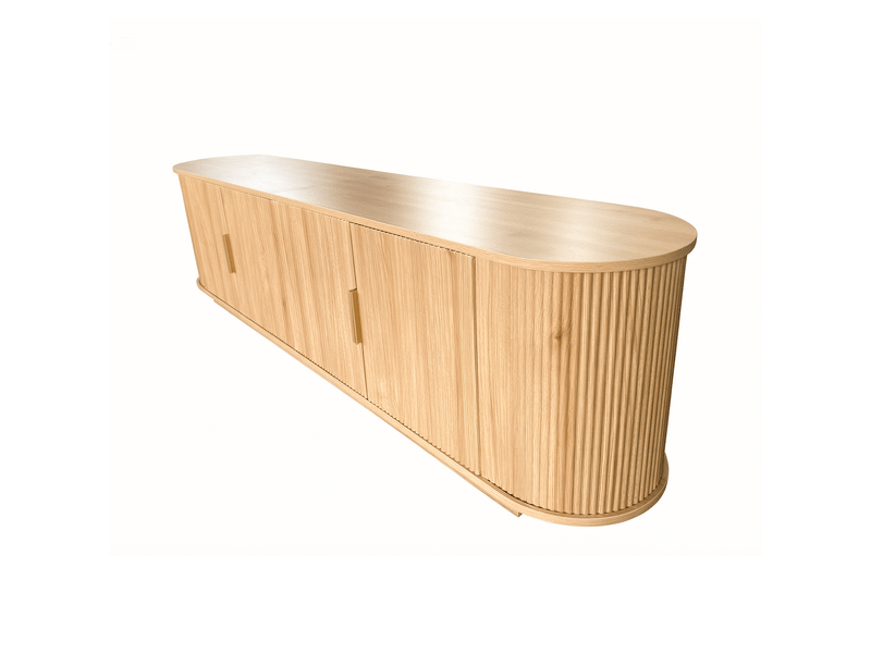  Meuble tv 4 portes avec façades rainurées et extrémités arrondies, 180 x 35 x 50 cm, panneaux de particules et mdf, noyer evarich - Conforama E