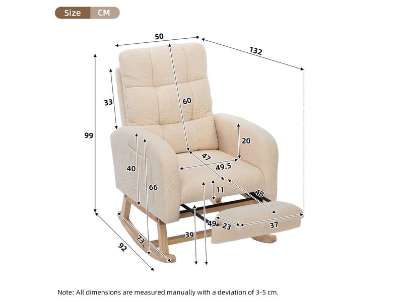  Fauteuil à bascule beige en tissu bouclette avec repose-jambes intégré et pieds en bois massif 132x50x99 cm  - Conforama C