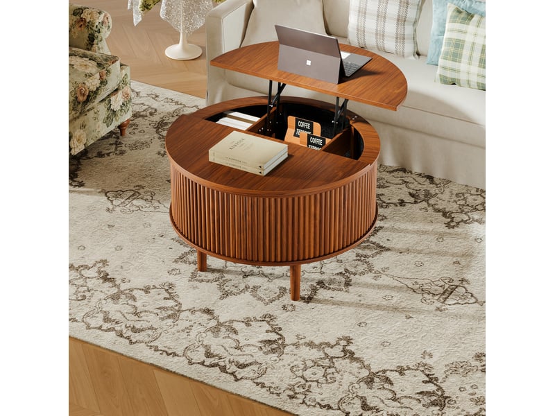  Table basse ronde 80x80x50 cm à plateaux rabattables avec rangement en panneau de particules marron  - Conforama C
