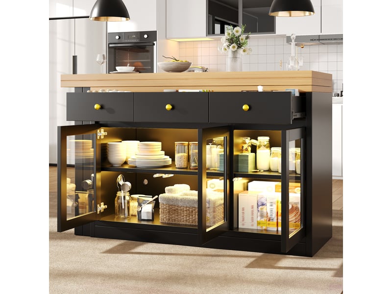  Table extensible avec 3 tiroirs, 3 portes vitrées et éclairage led rgb pour cuisine et salle à manger en mdf noir  - Conforama C