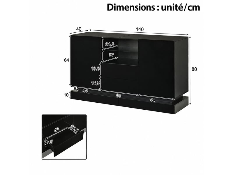  Buffet avec éclairage led noir brillant, 140 cm, 2 portes et 2 tiroirs  - Conforama C