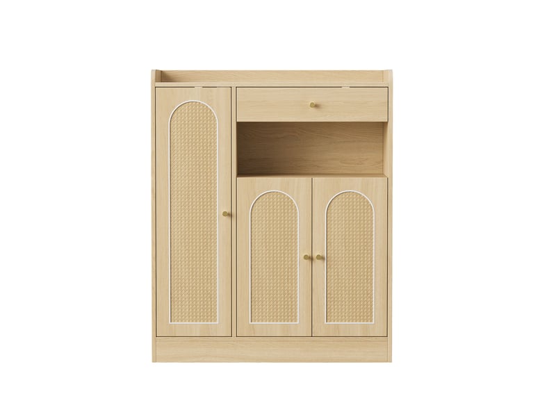  Meuble à chaussures 90x35x110 cm avec 3 portes effet cannage, 1 tiroir et étagères réglables - Naturel Fay Lum - Conforama E