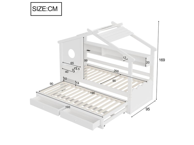  Lit enfant 90x200 cm - lit gigogne 90x200 cm - led rgb connectée et prises usb - 2 tiroirs - blanc  - Conforama C