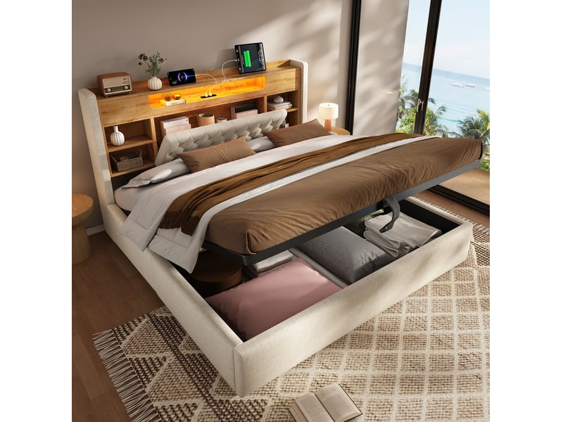  Lit coffre 140x200 cm avec led, usb et rangement coloris beige  - Conforama D
