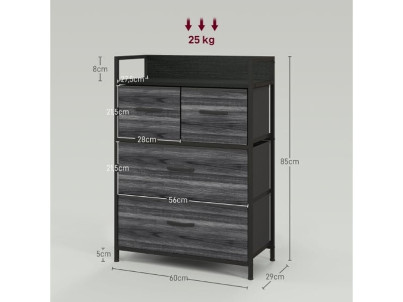 Commode industrielle noire 4 tiroirs en tissu 60x29x85 cm, meuble de rangement polyvalent  - Conforama C