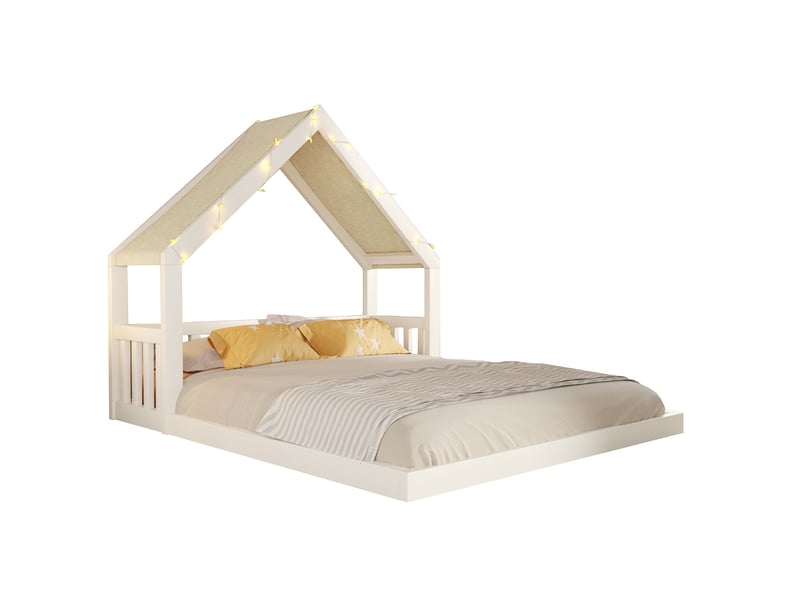 Lit cabane 140x200 avec toit en tissu et guirlande lumineuse evryae  - Conforama A