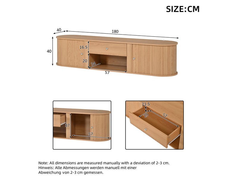  Meuble tv bas 180 x 40 x 40 cm naturel avec 2 portes coulissantes et 1 tiroir  - Conforama E