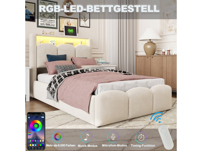  Lit simple enfant 90x200, couchage hydraulique et rangements, ports usb et type-c, led, velours beige  - Conforama D