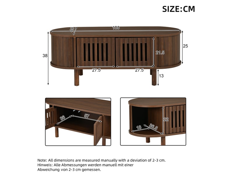  Table basse ovale 100x40x38 cm rangement, 2 portes lamellées, porte coulissante, mdf, pieds bois, noyer  - Conforama C