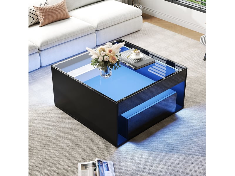  Table basse carrée 70 x 70 cm, 2 tiroirs, led et plateau en verre trempé noir  - Conforama E