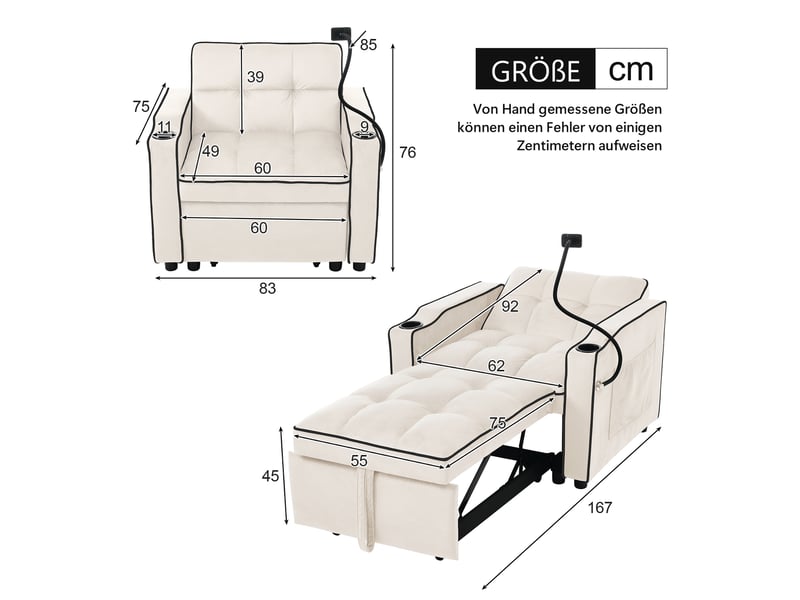  Fauteuil convertible modenvie 3 en 1 83 x 167 x 76 cm velours beige  - Conforama C