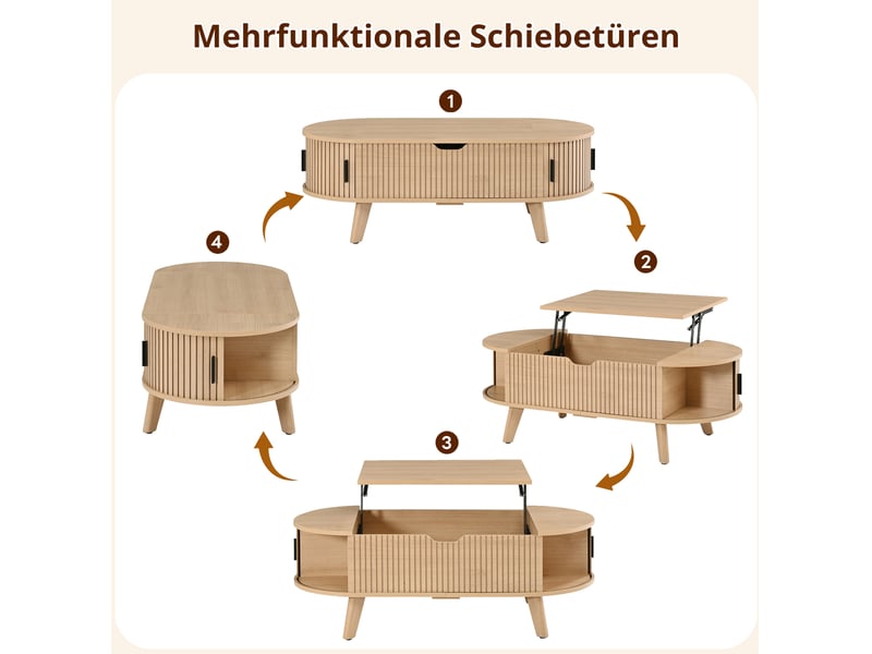  Table basse ovale avec plateau relevable hydraulique, rangement caché, deux portes coulissantes, mdf, naturel  - Conforama D