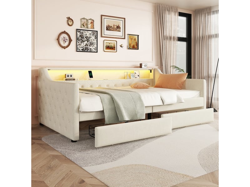 Lit coffre 90x200 cm avec led télécommande, 2 tiroirs et usb, tissu lin beige, sans matelas - Conforama W