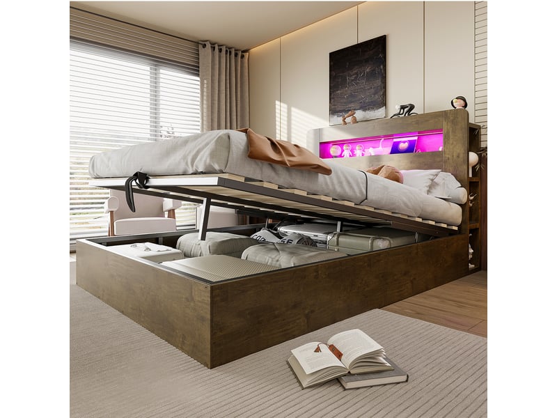  Lit plateforme bois 140*200 cm, relevage hydraulique, tête de lit led, prises et casiers, coloris bois vieilli  - Conforama E