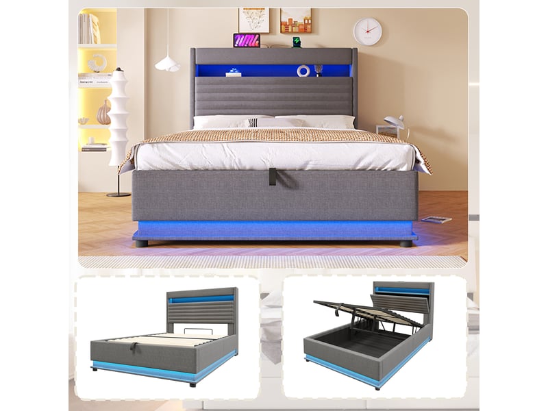 Lit coffre 140x200 cm, lit double, rangement hydraulique, led, lin gris, usb et usb-c - Conforama E
