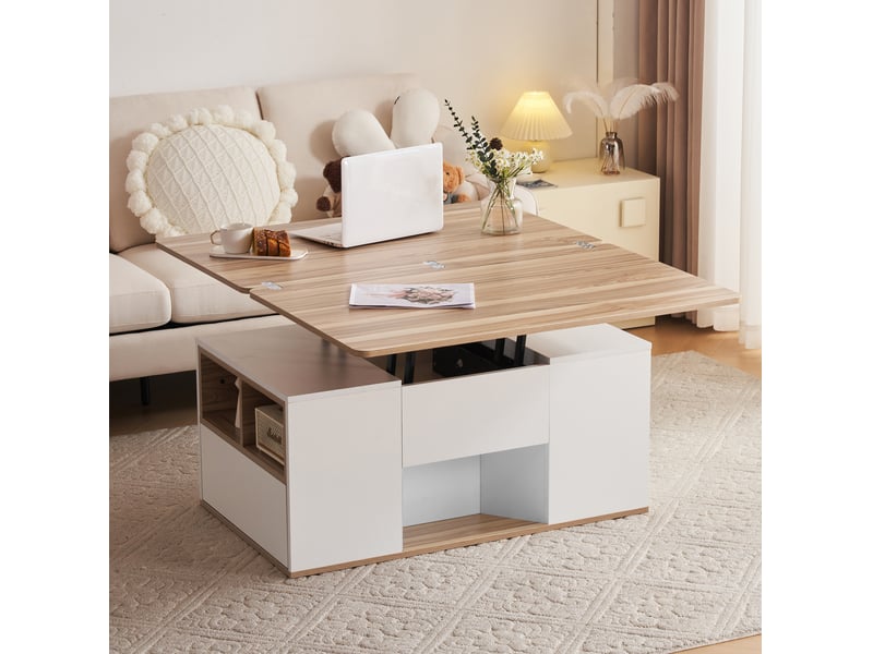  Table basse 100x51x47 cm réglable en hauteur, plateau relevable, en panneau de particules blanc  - Conforama D