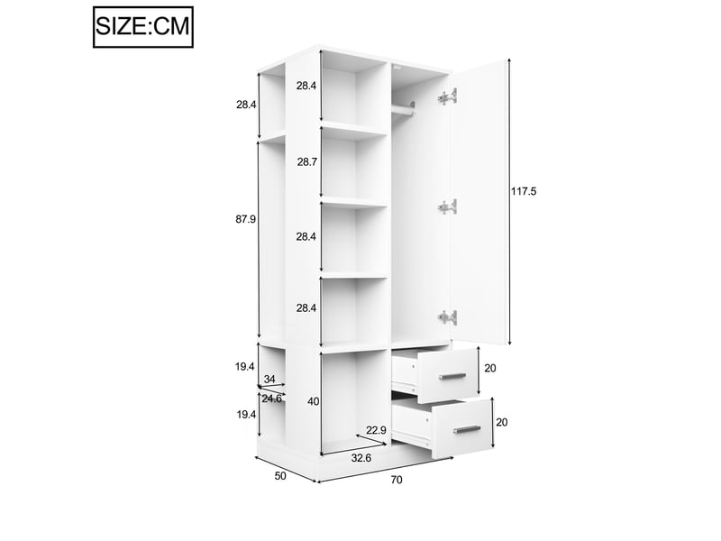  Armoire 1 porte avec 2 penderies, étagères et 2 tiroirs - rangement compact, bois blanc 70 × 50 × 170 cm  - Conforama D