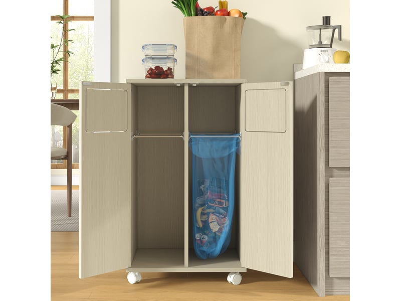 Meuble de tri des déchets 46,7x35x80 cm à roulettes mdf bois clair et blanc, confort optimal - Conforama D
