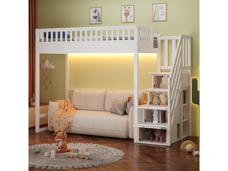 Lit mezzanine 90 x 200 cm - avec échelle de sécurité - avec barrières de sécurité - avec éclairage led - blanc (matelas non inclus)  - Conforama W