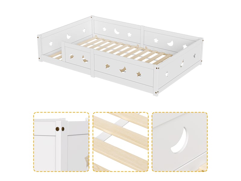  Lit au sol enfant 120x200, lit montessori au sol en bois massif avec barrière de sécurité et sommier à lattes  - Conforama D