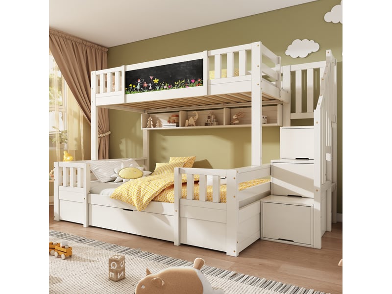 Lit superposé 3 couchages 90x200 et 140x200 cm en bois avec rangements, blanc - Conforama D