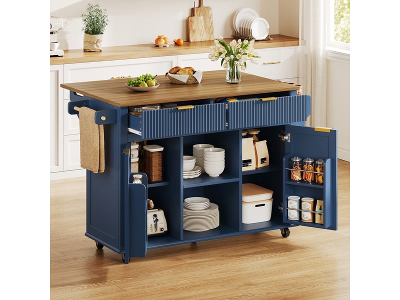  Îlot de cuisine sur roulettes avec plateau pliant extensible, chariot de cuisine avec 2 tiroirs et 2 portes, bleu cloisonné  - Conforama C