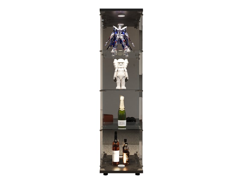  Vitrine en verre 4 niveaux miroir et éclairage led - 42,5 x 36,5 x 164 cm - noir - meuble de rangement - mobilier salon  - Conforama E