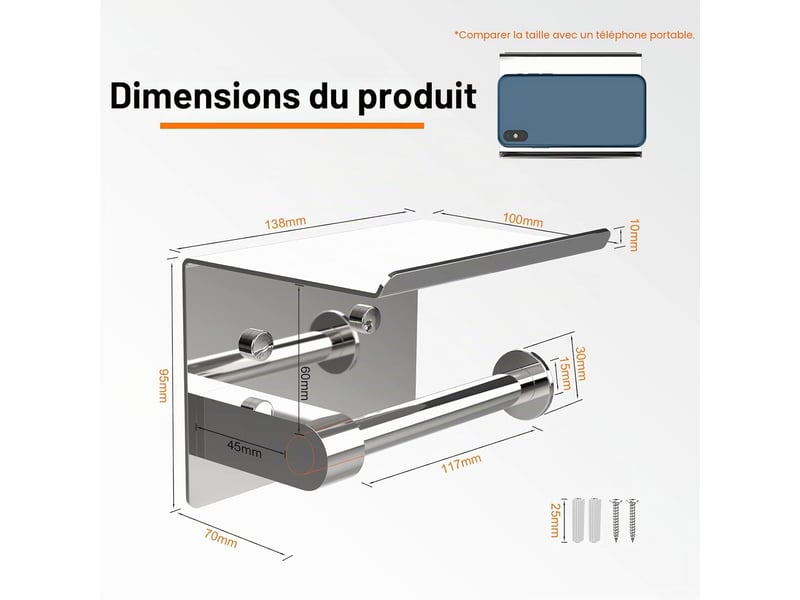  Porte papier toilette, support papier toilette mural | 304 acier inoxydable porte rouleau toilette, installation avec vis ou auto-adhésif, argent  - Conforama C