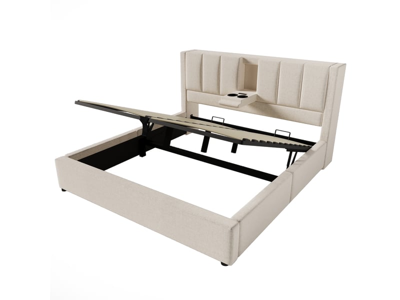  Lit coffre 140 × 200 en lin beige, porte-gobelet discret, usb et usb-c IKSETERA TRADING LTD - Conforama R