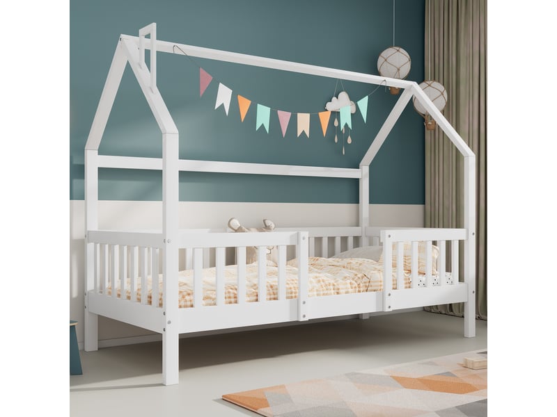  Lit cabane enfant 90x200 en bois, lit maison avec cheminée et barrière, sommier inclus, blanc classique pour garçons et filles  - Conforama C