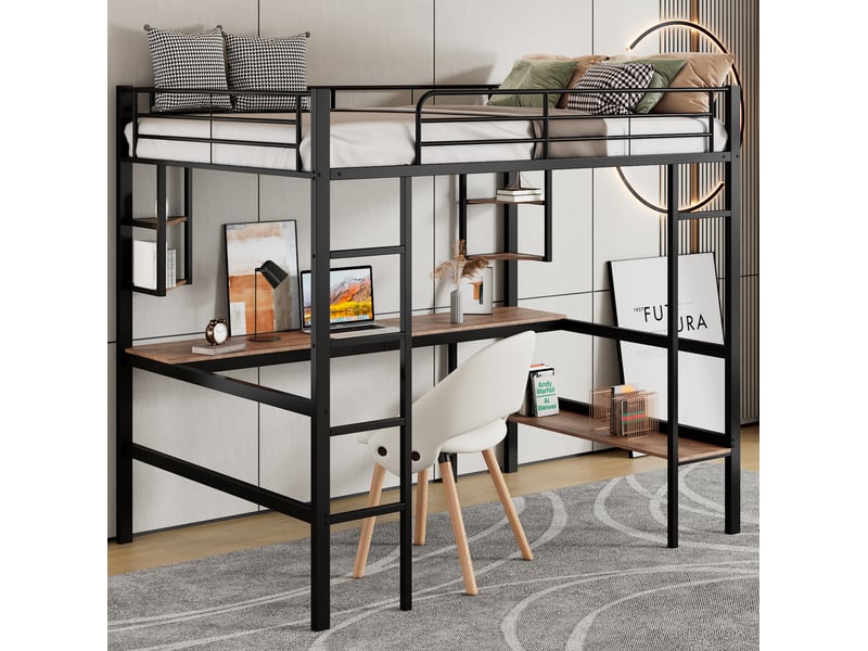  Lit mezzanine 90x200 cm avec bureau et étagères en métal noir  - Conforama D