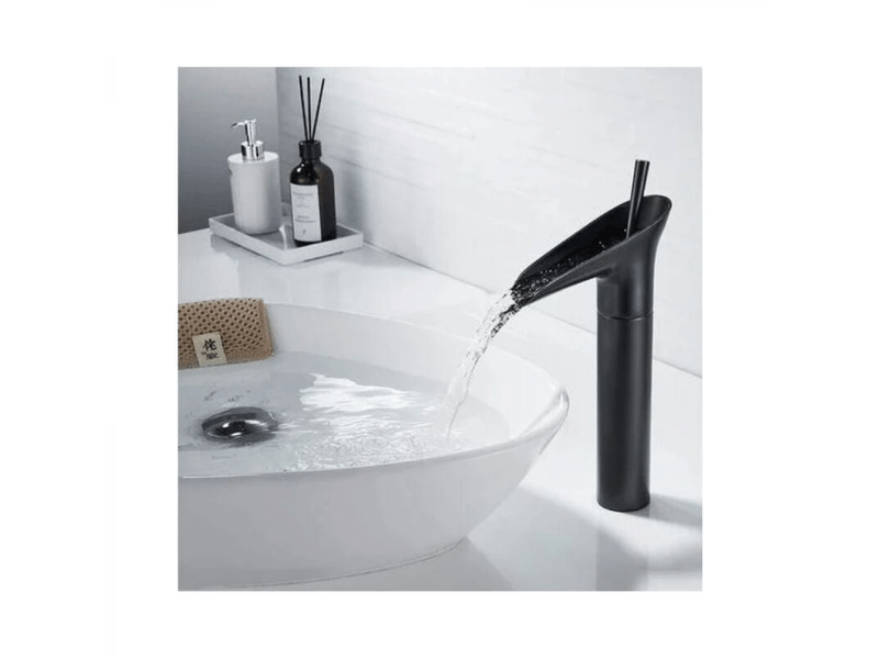 Robinet de salle de bains noir, robinet cascade, robinet de lavabo vintage à poignée unique, robinet de salle de bains à comptoir en laiton - Conforama C