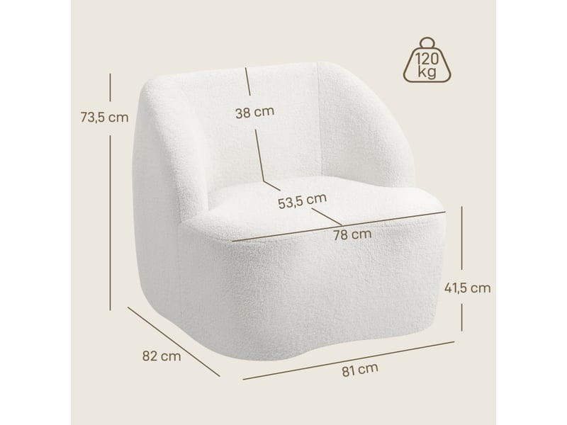  Fauteuil rembourré cocooning avec dossier épais et base antidérapante, design courbé en polyester crème 81 × 82 × 73,5 cm  - Conforama D