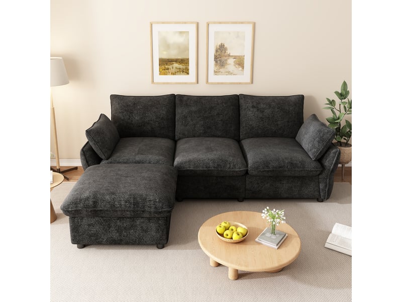 Canapé d’angle 3 places 222,5x154,5x76,5 cm avec ottomane et 1 pouf, pour salon et appartement, chenille, gris foncé Sol Morn - Conforama D