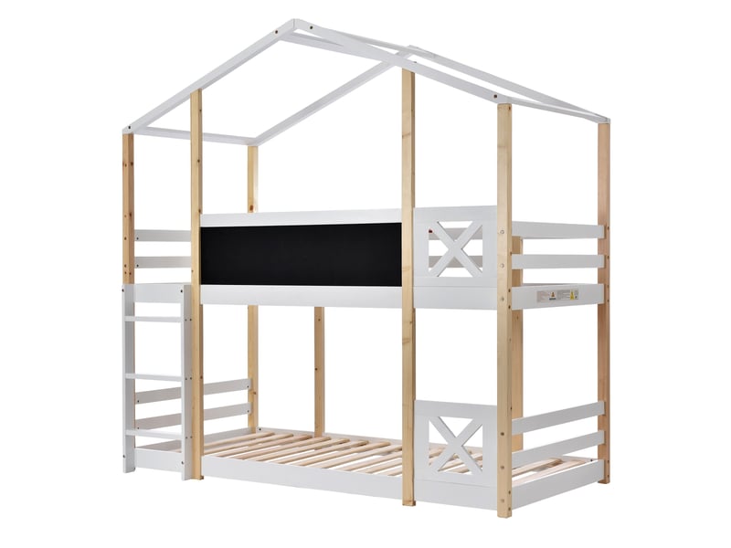 Lit superposé cabane enfant 90 x 200 cm avec échelle, barrières, tableau et 2 sommiers à lattes, blanc et bois naturel AB20388990W - Conforama A