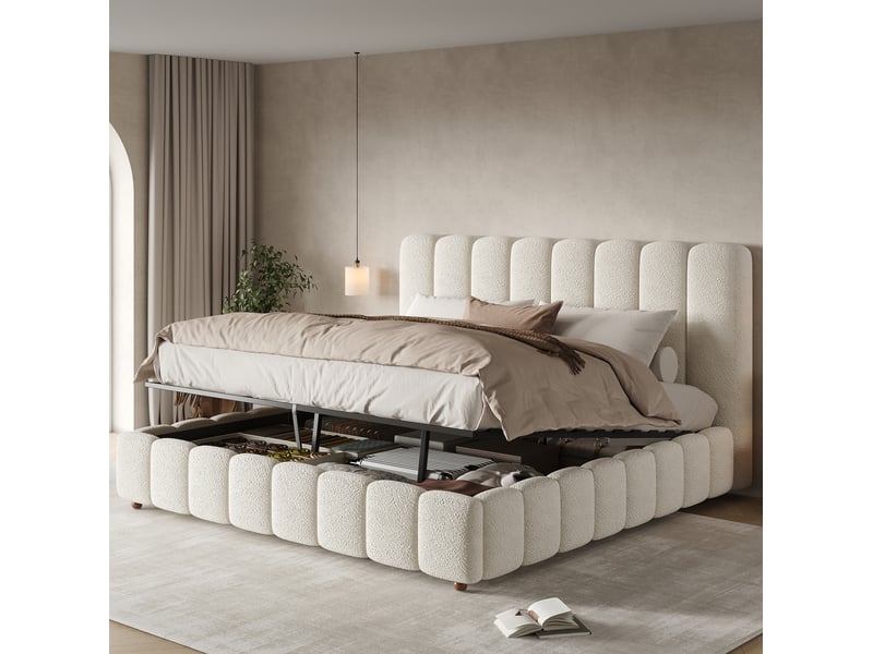 Lit coffre hydraulique 180x200 cm en tissu bouclé blanc avec sommier à lattes - Conforama E