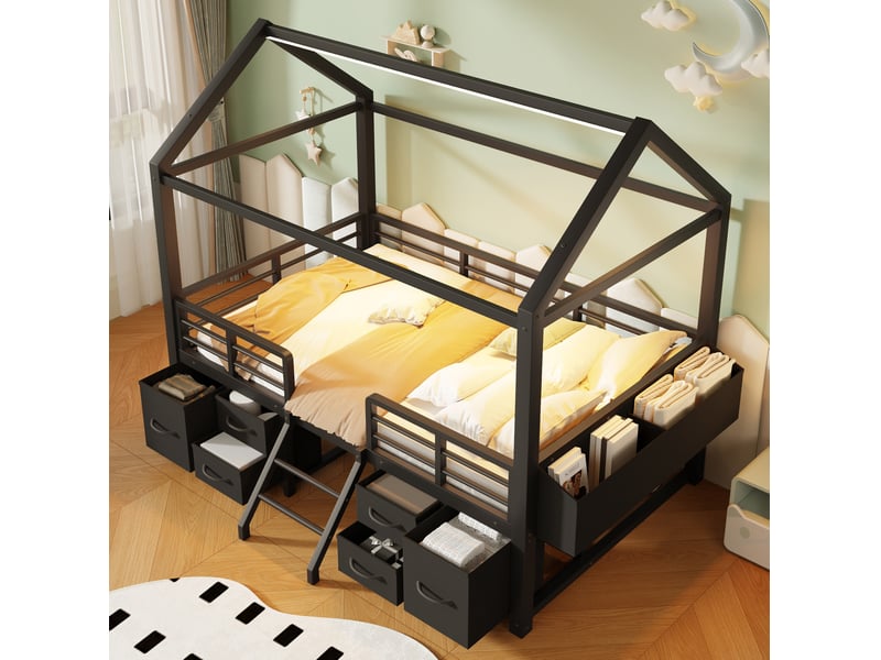 Lit mezzanine enfant 90x200 cm noir en métal et mdf, avec toit maison, led et rangements, sans matelas - Conforama E