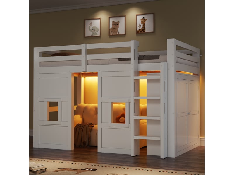  Lit mezzanine 90x200 cm avec armoire intégrée réversible, 2 fenêtres et led multicolore, lit enfant gain de place avec garde-corps, pin et mdf blanc  - Conforama B