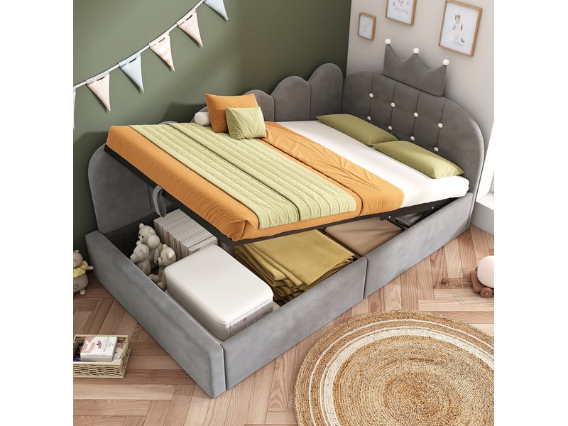  Lit simple 90x190 cm avec rangement hydraulique réversible en velours gris  - Conforama C